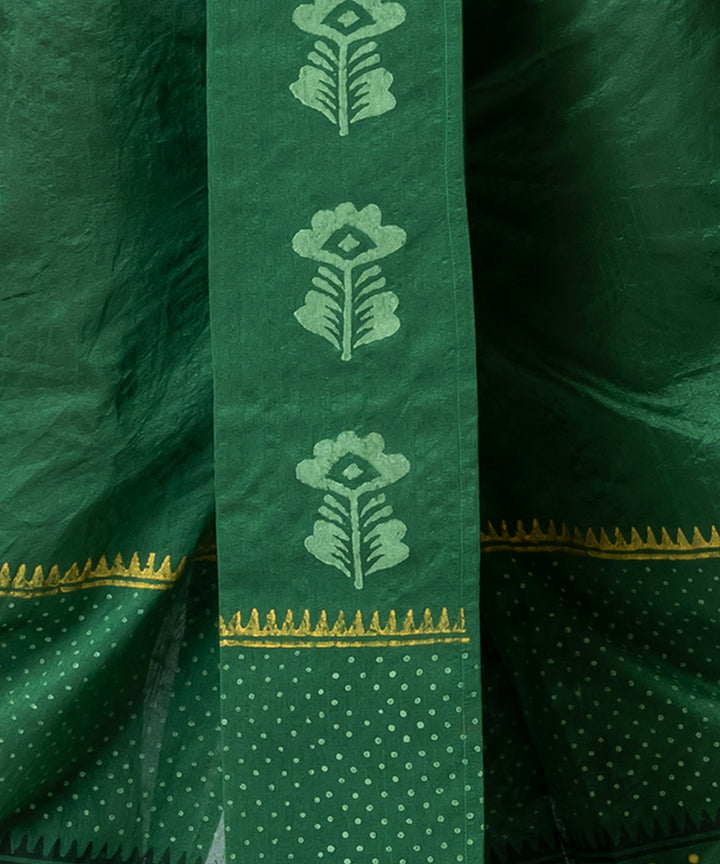 Dark green hand block printed dupion silk dhoti