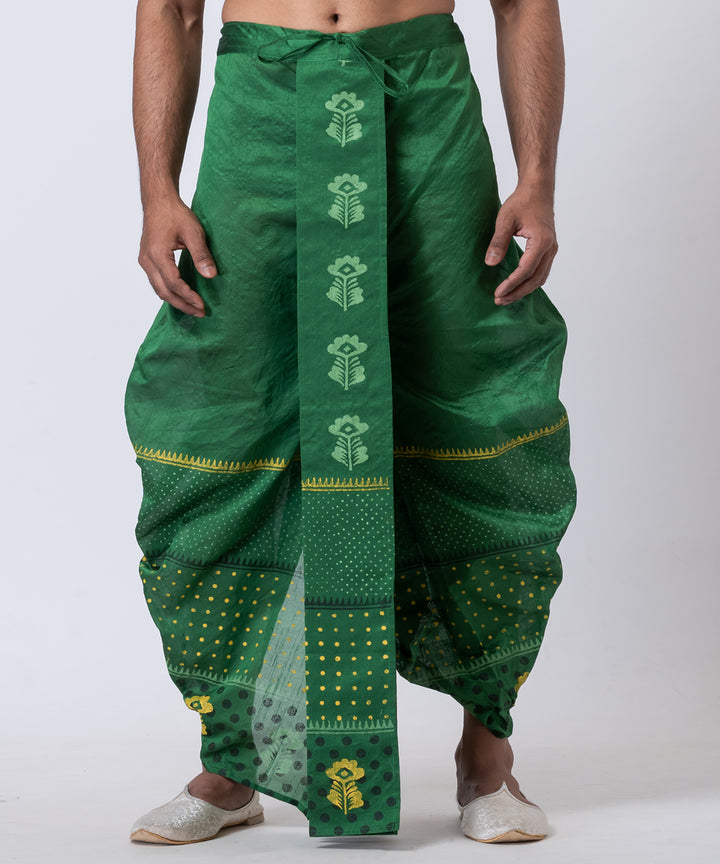 Dark green hand block printed dupion silk dhoti