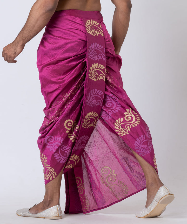 Purple beige hand block printed dupion silk dhoti