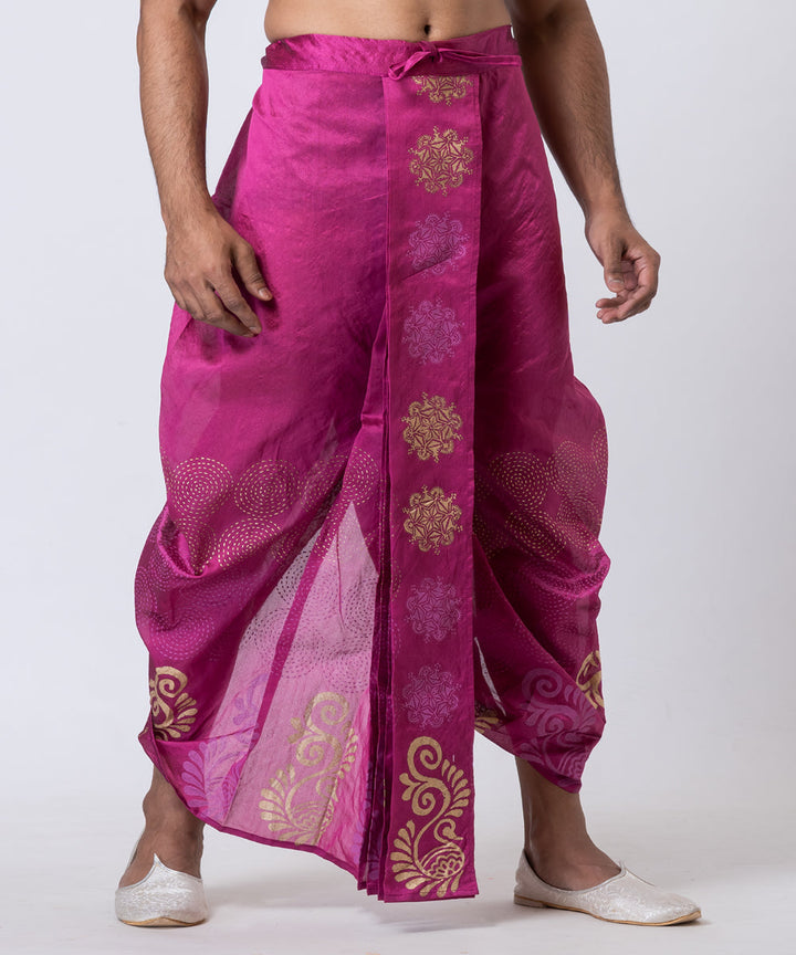 Purple beige hand block printed dupion silk dhoti