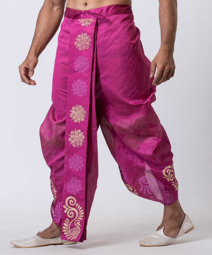 Purple beige hand block printed dupion silk dhoti