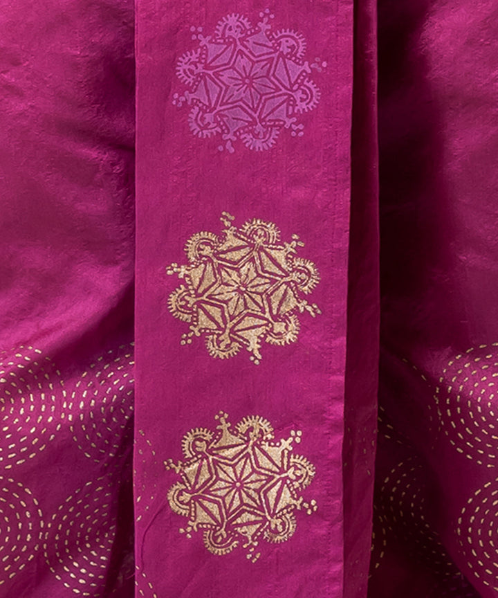 Purple beige hand block printed dupion silk dhoti