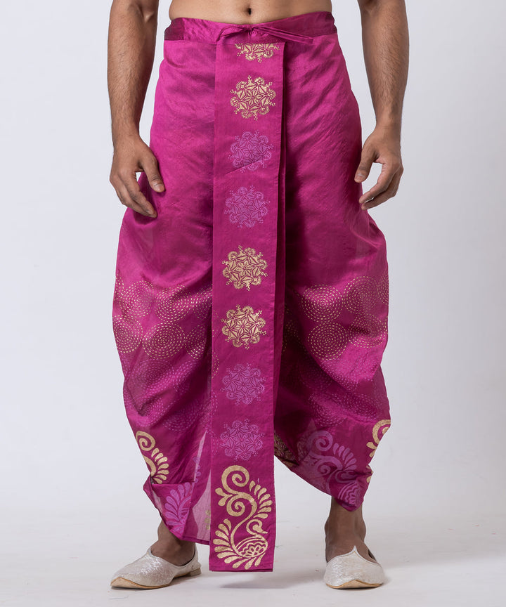 Purple beige hand block printed dupion silk dhoti