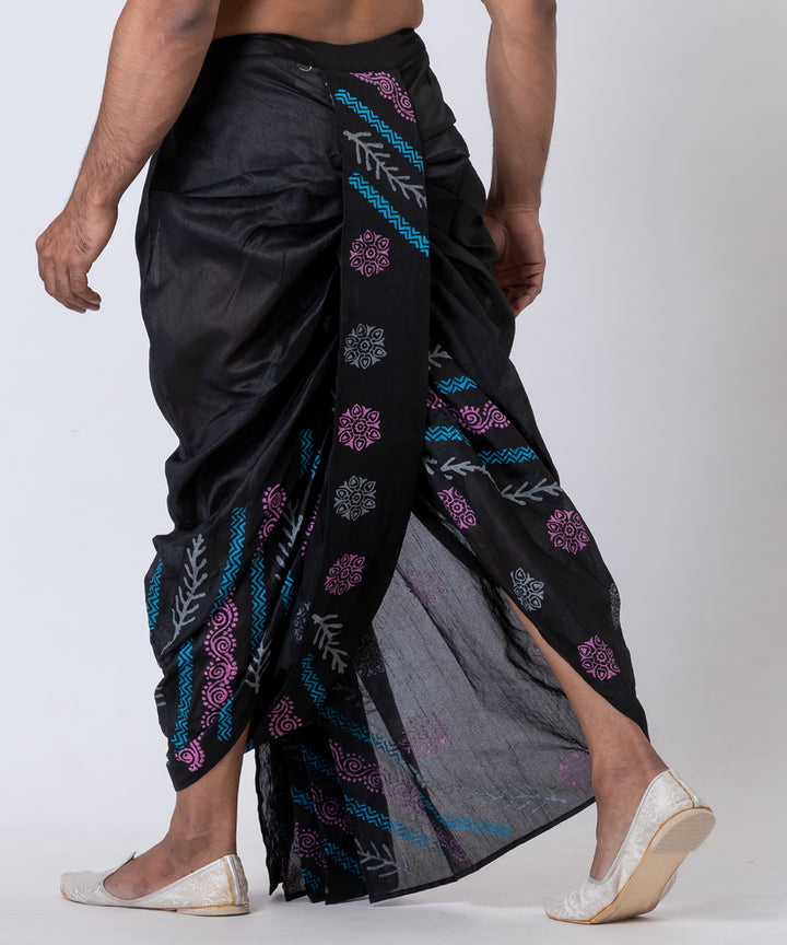 Black blue purple hand block printed dupion silk dhoti