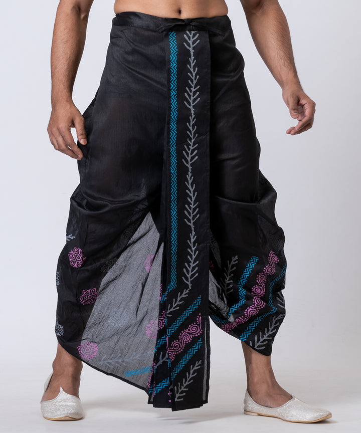 Black blue purple hand block printed dupion silk dhoti
