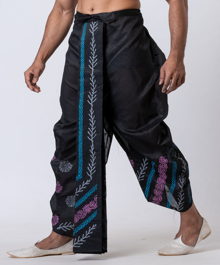 Black blue purple hand block printed dupion silk dhoti