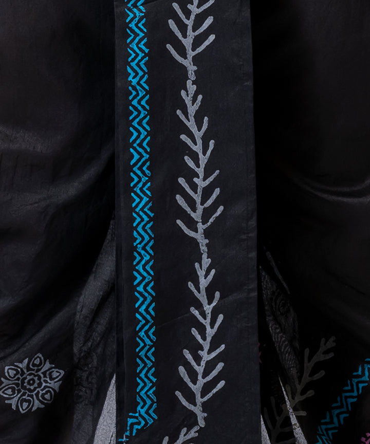 Black blue purple hand block printed dupion silk dhoti