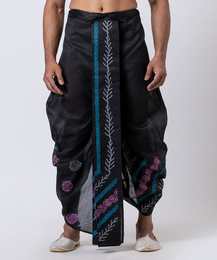 Black blue purple hand block printed dupion silk dhoti