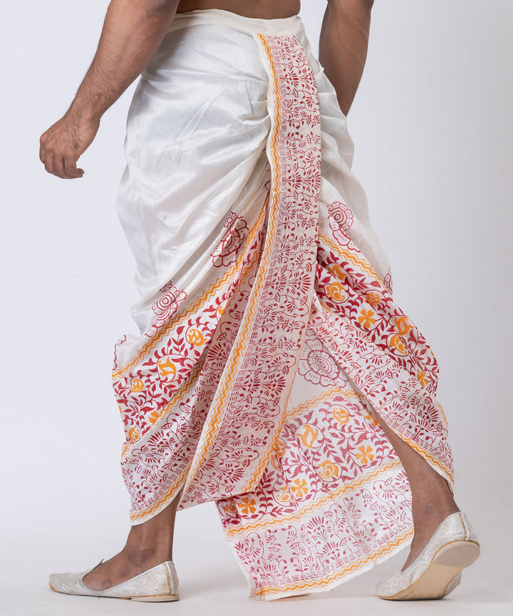 White multicolor hand block printed dupion silk dhoti