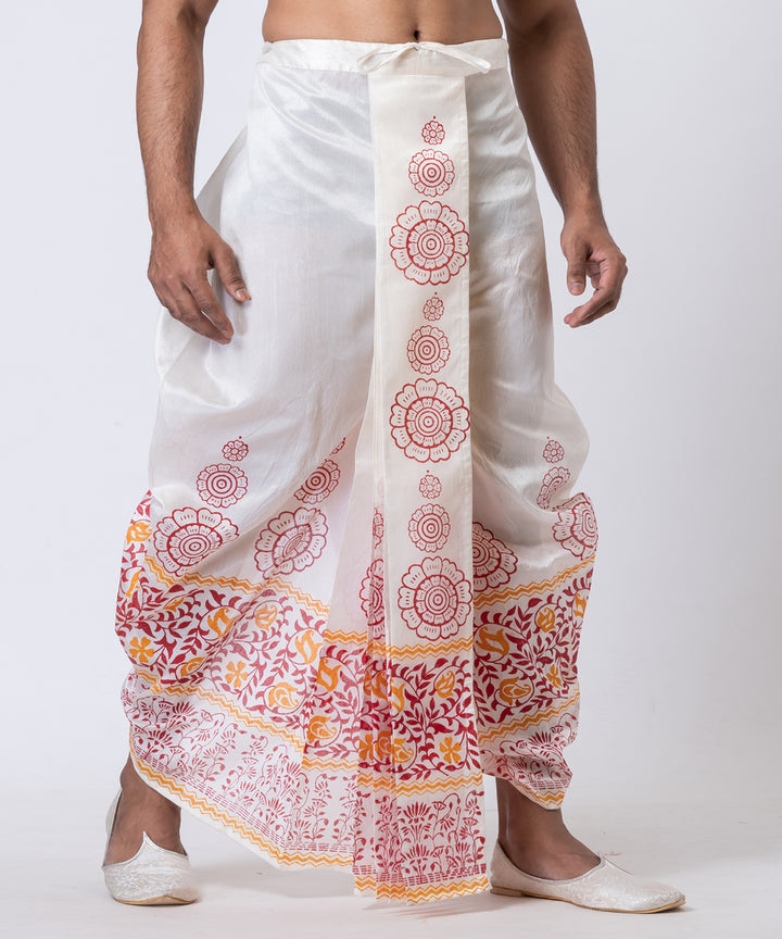 White multicolor hand block printed dupion silk dhoti