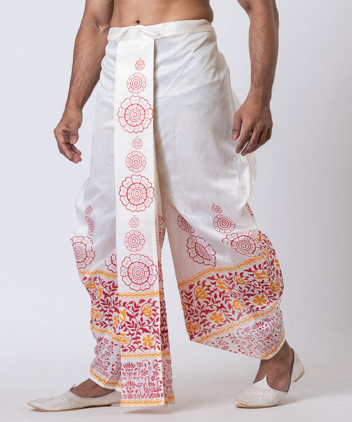White multicolor hand block printed dupion silk dhoti
