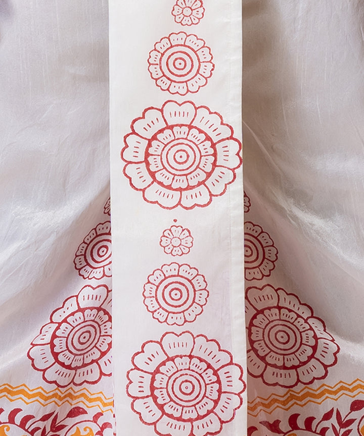 White multicolor hand block printed dupion silk dhoti