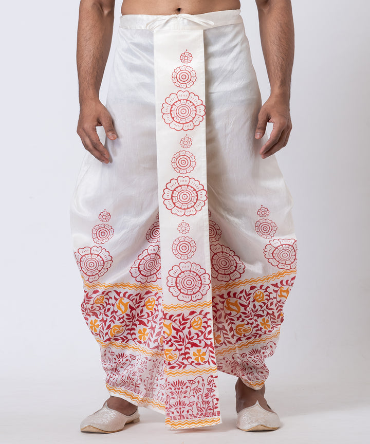 White multicolor hand block printed dupion silk dhoti
