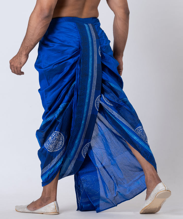 Cyan blue hand block printed dupion silk dhoti