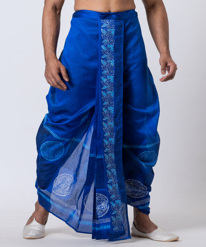 Cyan blue hand block printed dupion silk dhoti