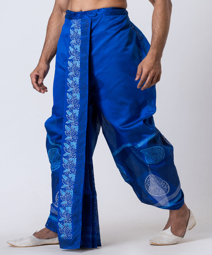 Cyan blue hand block printed dupion silk dhoti