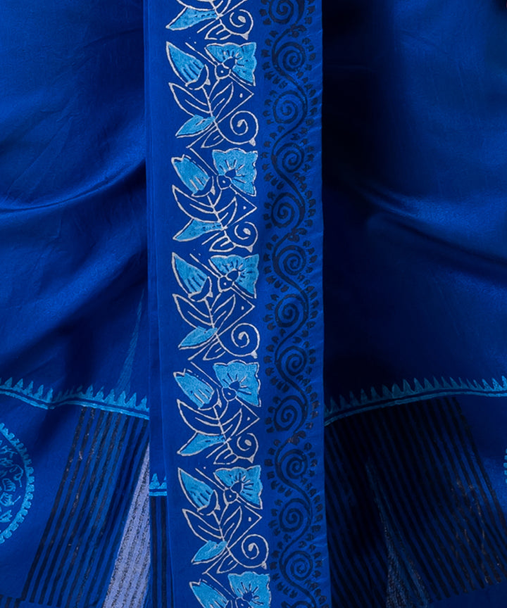 Cyan blue hand block printed dupion silk dhoti