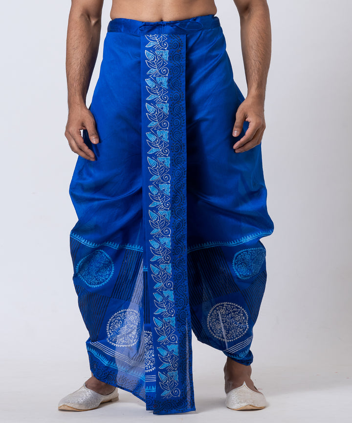 Cyan blue hand block printed dupion silk dhoti