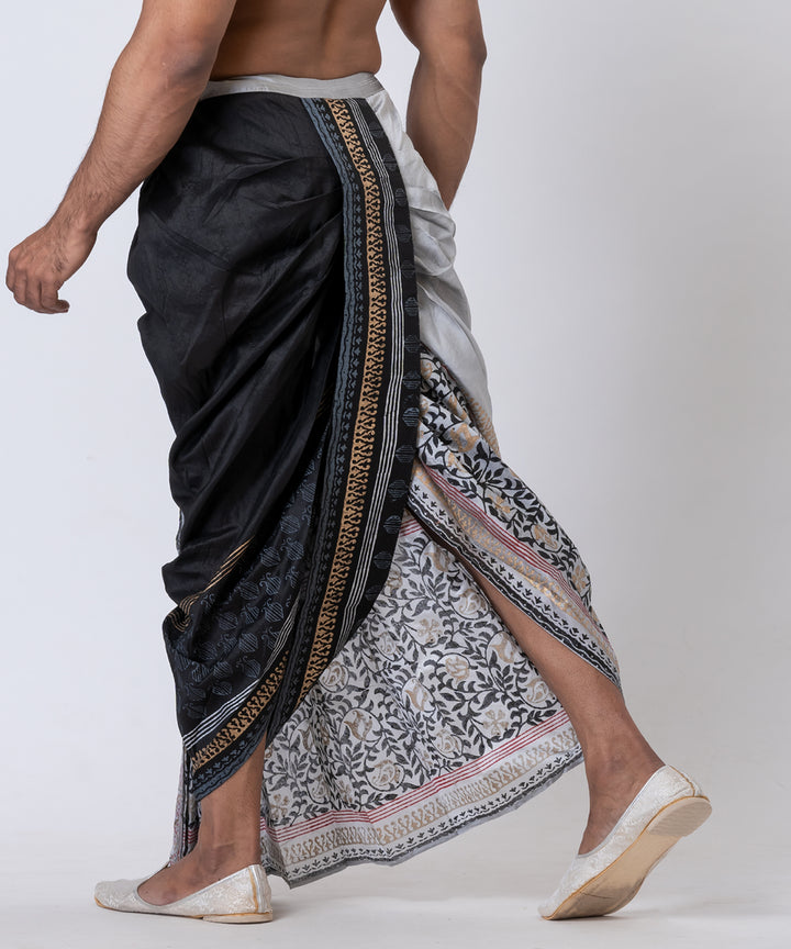Grey black hand block printed dupion silk dhoti