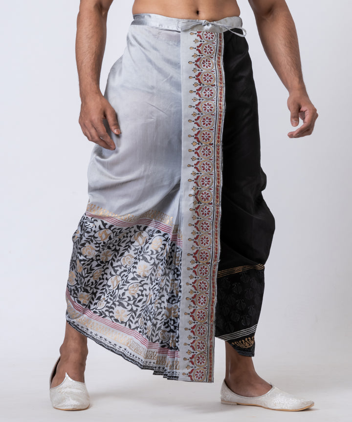 Grey black hand block printed dupion silk dhoti