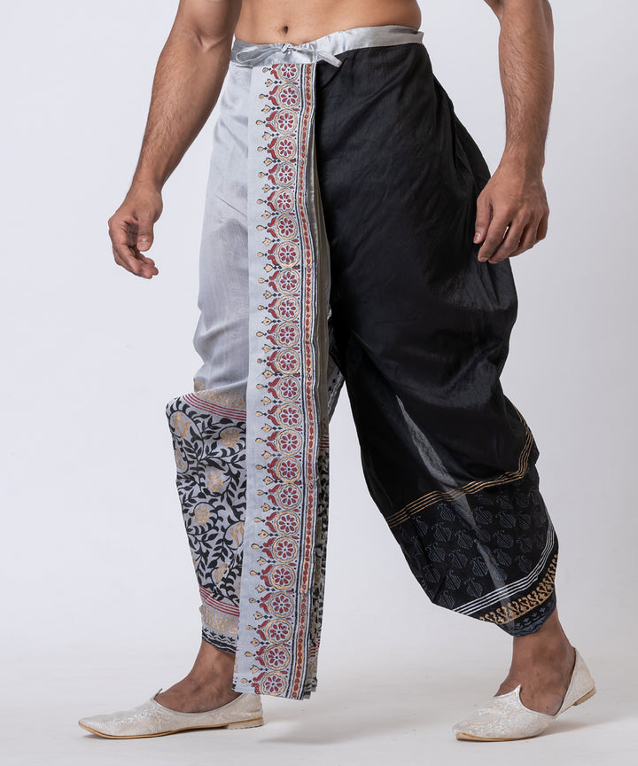 Grey black hand block printed dupion silk dhoti