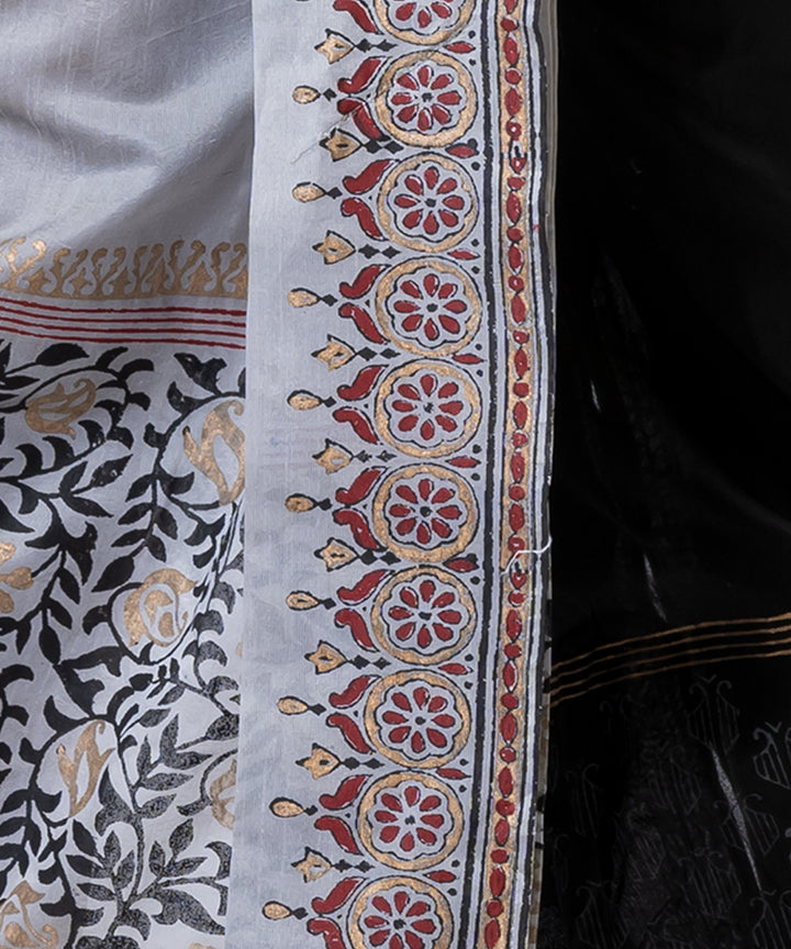 Grey black hand block printed dupion silk dhoti