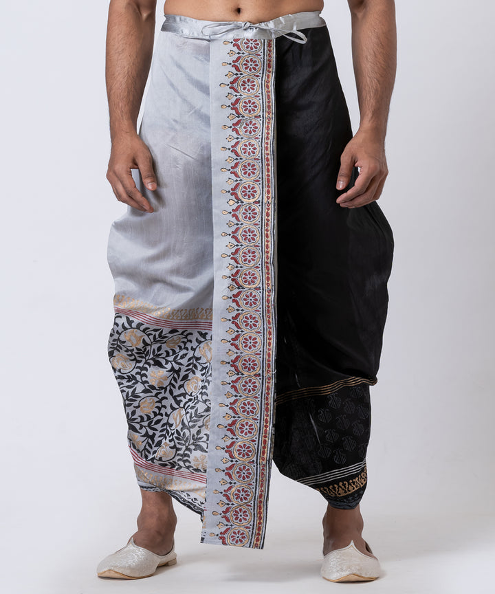 Grey black hand block printed dupion silk dhoti