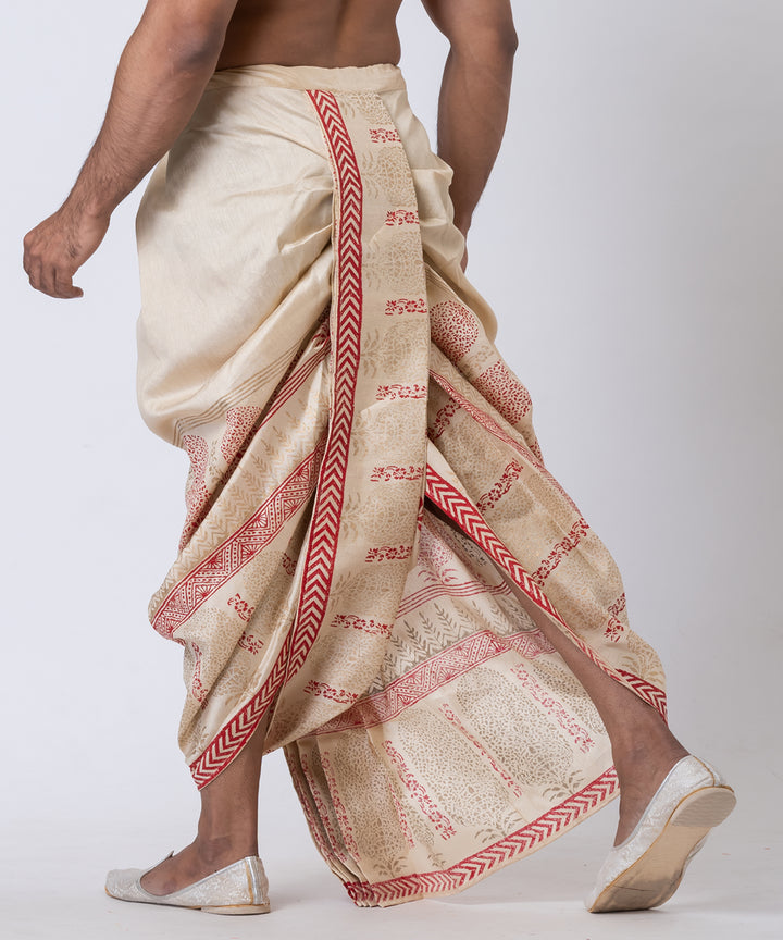 Beige red hand block print dupion silk dhoti