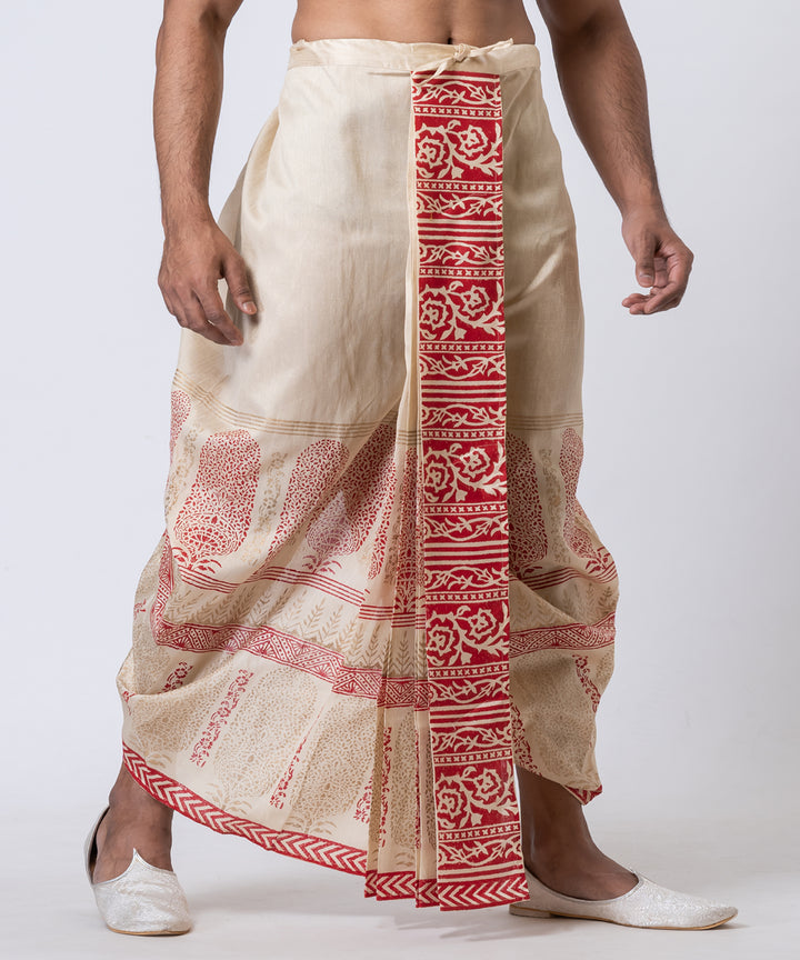 Beige red hand block print dupion silk dhoti