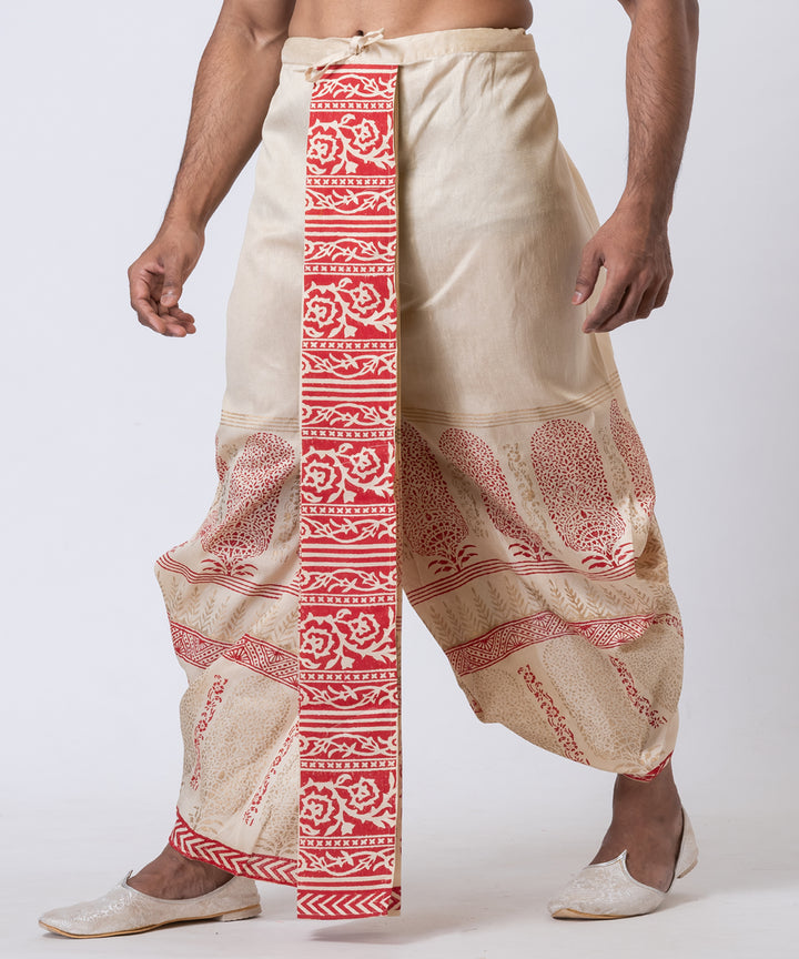 Beige red hand block print dupion silk dhoti