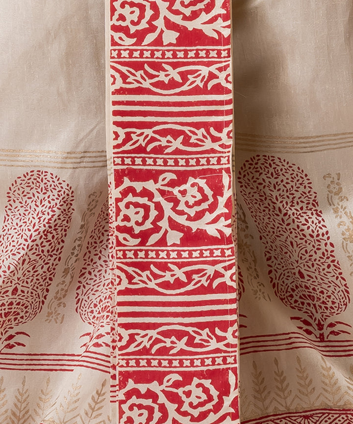 Beige red hand block print dupion silk dhoti