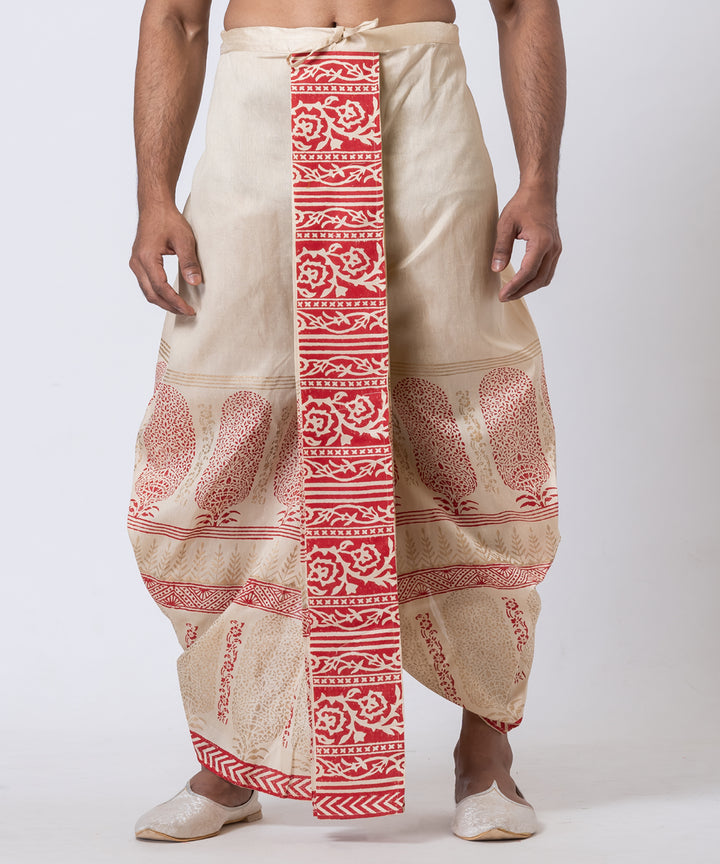 Beige red hand block print dupion silk dhoti