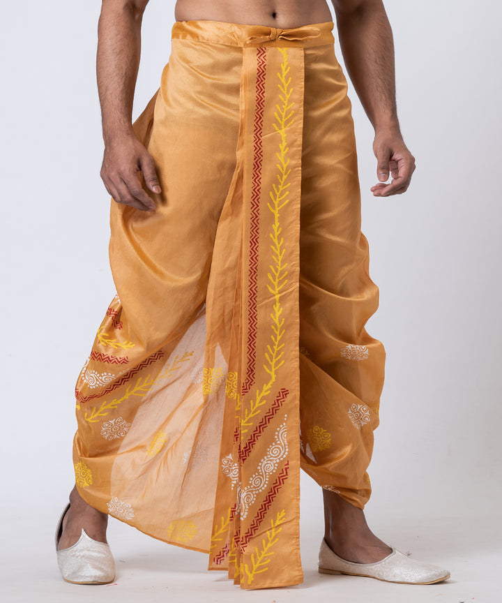 Mustard hand block print dupion silk dhoti