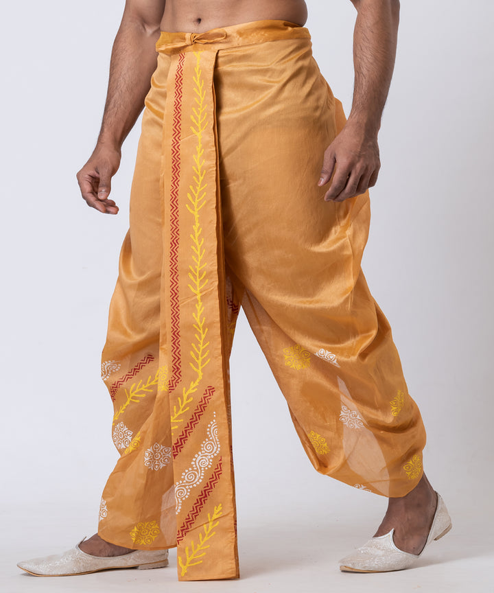 Mustard hand block print dupion silk dhoti