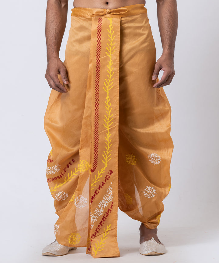 Mustard hand block print dupion silk dhoti