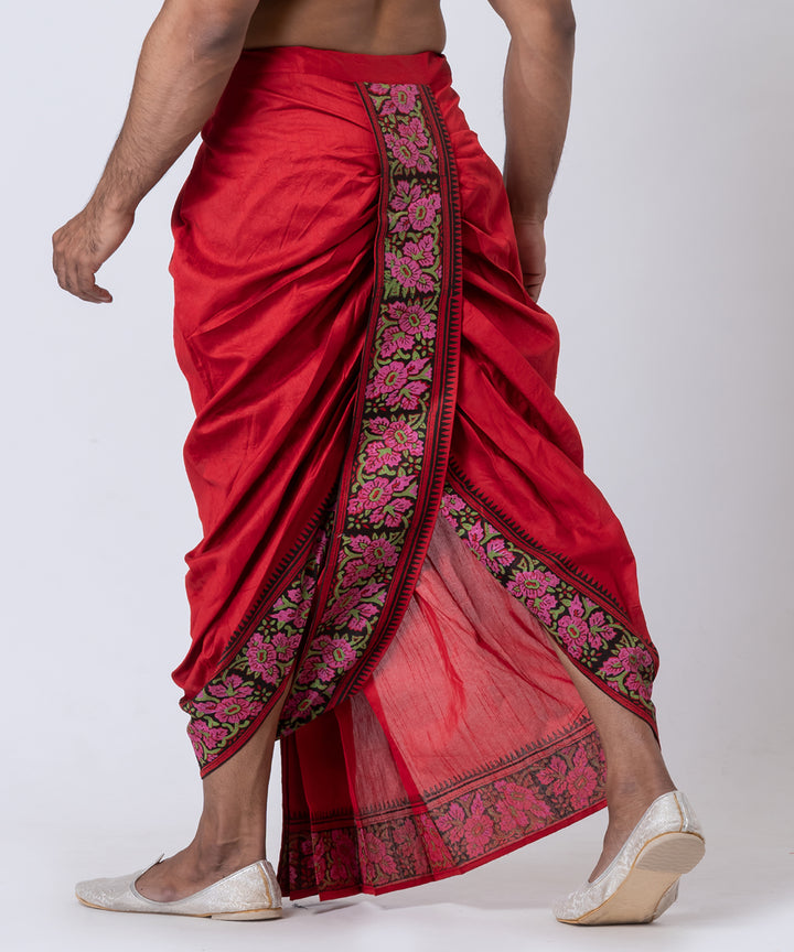 Red block printed dupion silk dhoti