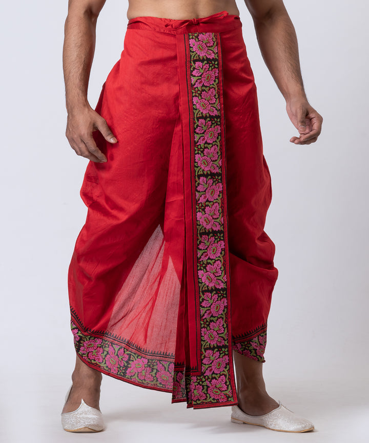 Red block printed dupion silk dhoti