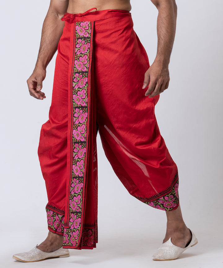 Red block printed dupion silk dhoti