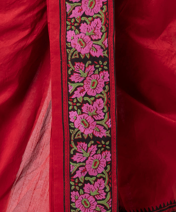 Red block printed dupion silk dhoti