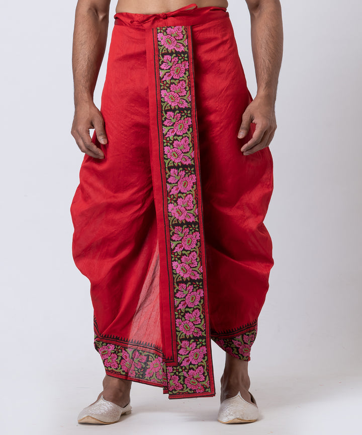 Red block printed dupion silk dhoti