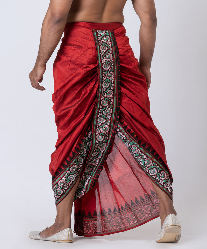 Red dupion silk hand block print dhoti