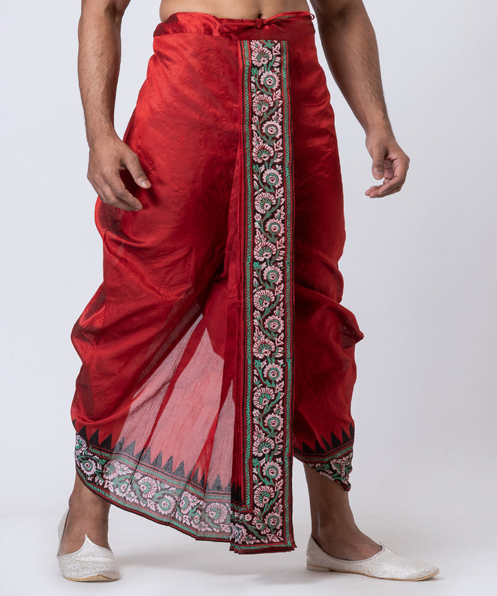 Red dupion silk hand block print dhoti