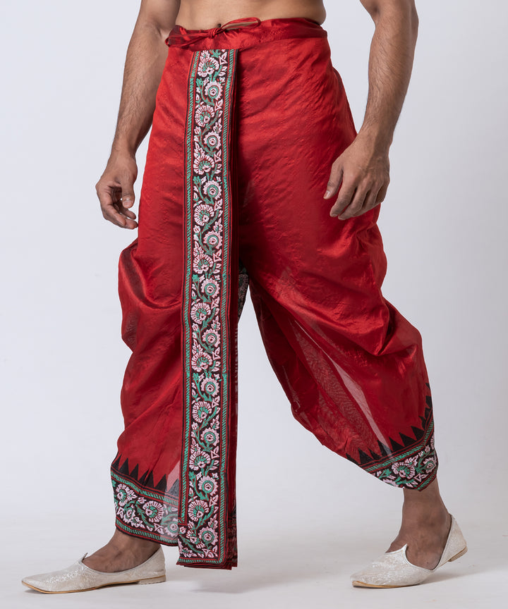 Red dupion silk hand block print dhoti