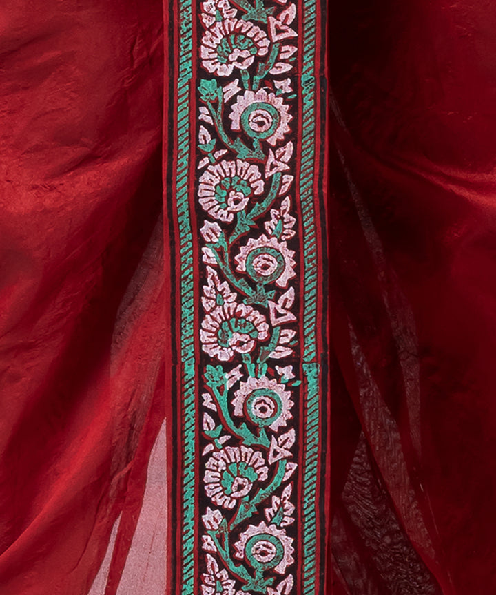 Red dupion silk hand block print dhoti