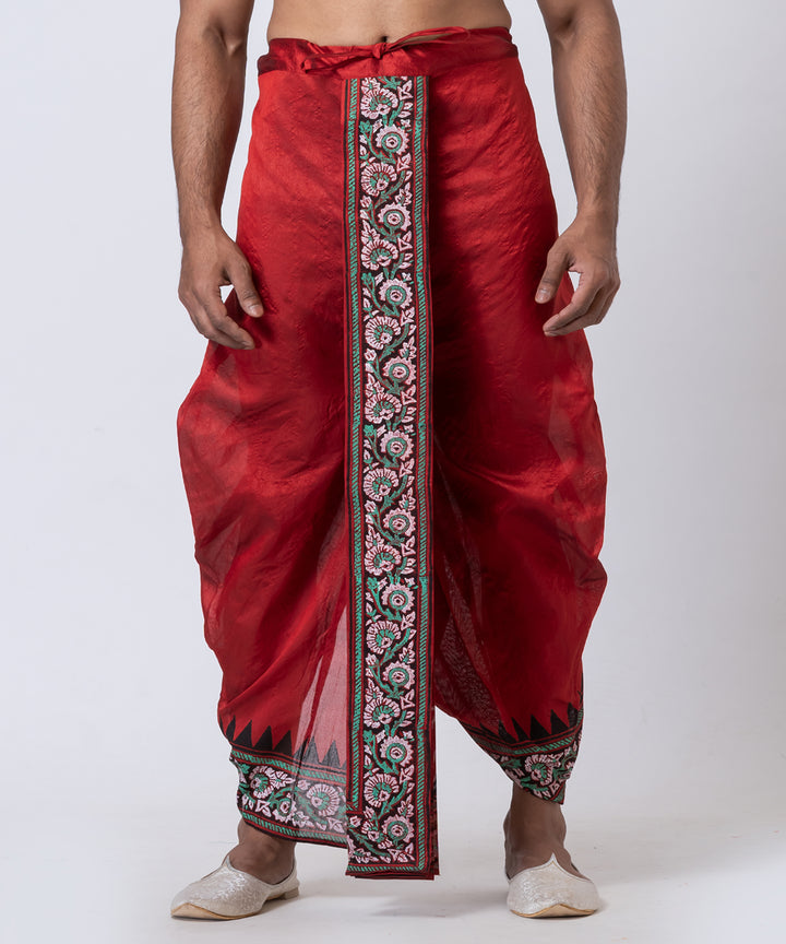 Red dupion silk hand block print dhoti