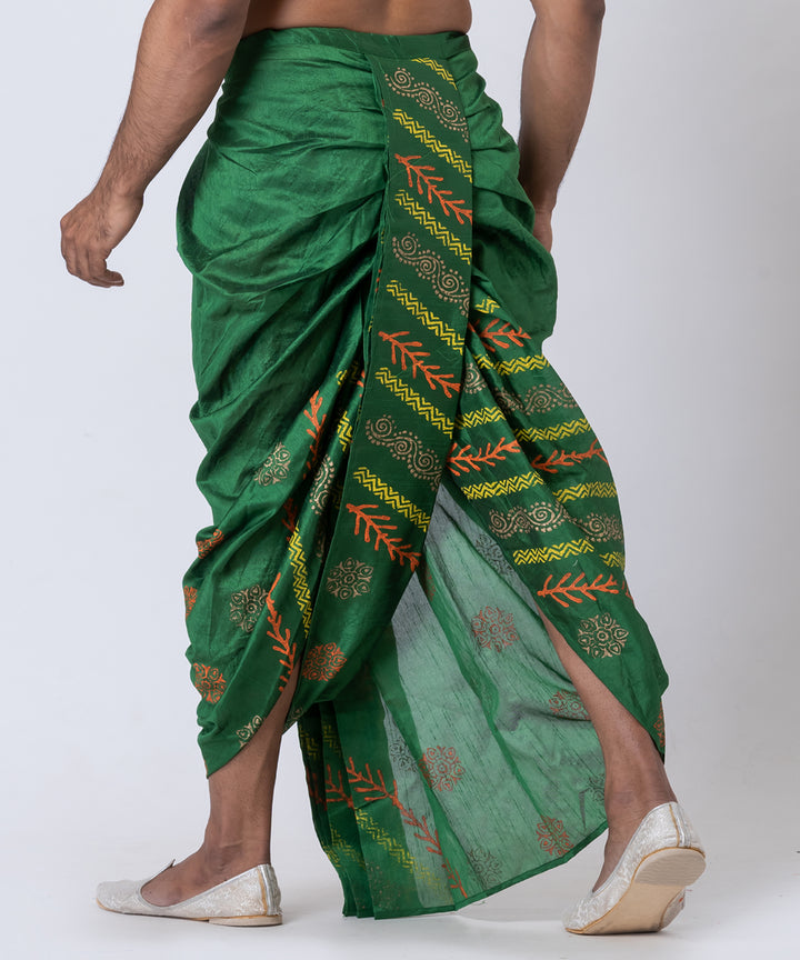 Olive green multi color hand block printed dupion silk dhoti