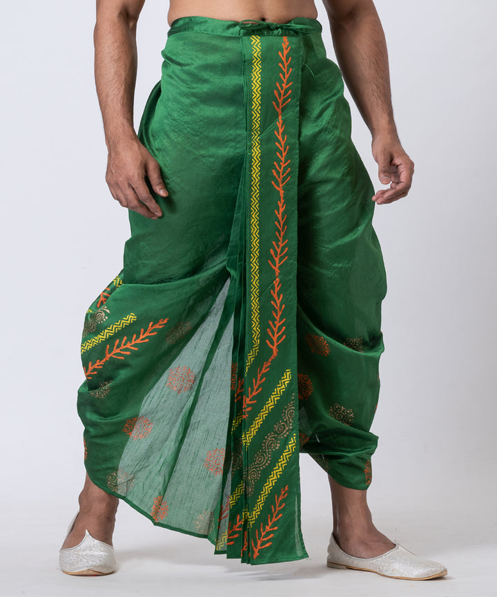 Olive green multi color hand block printed dupion silk dhoti