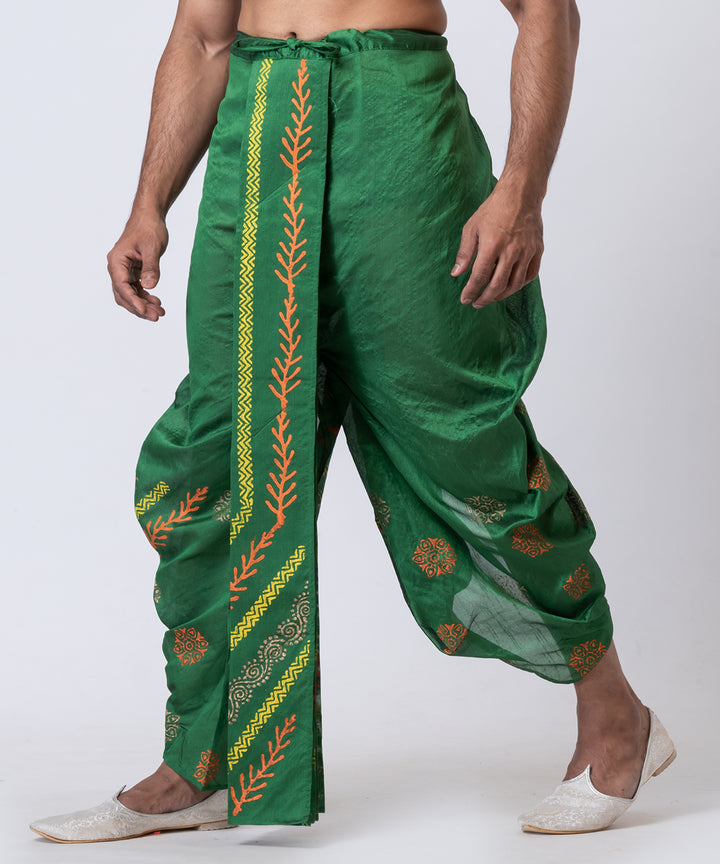 Olive green multi color hand block printed dupion silk dhoti