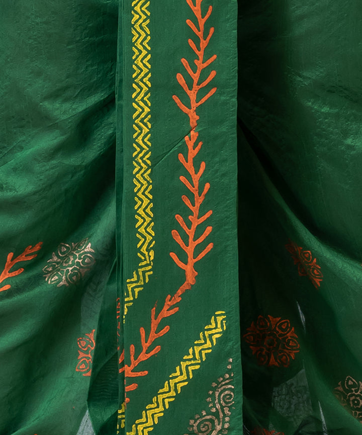 Olive green multi color hand block printed dupion silk dhoti