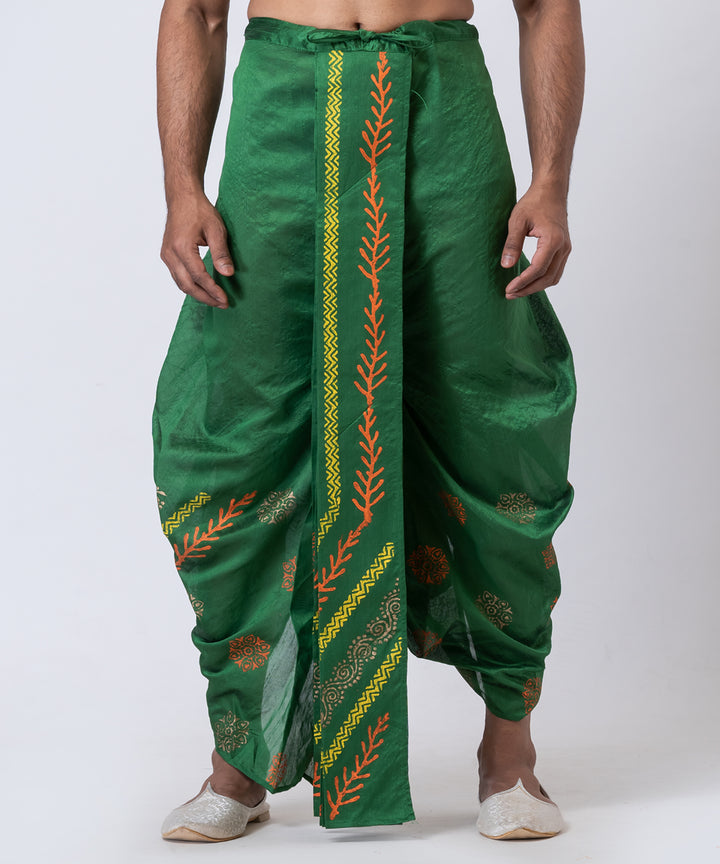 Olive green multi color hand block printed dupion silk dhoti